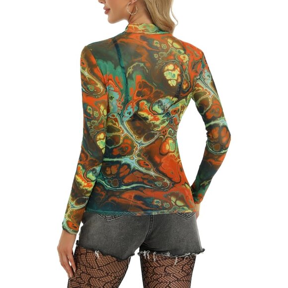 Women Orange Long Sleeve Mock Neck Fitted Sexy See Through Mesh Going Out Tops - Picture 7 of 7